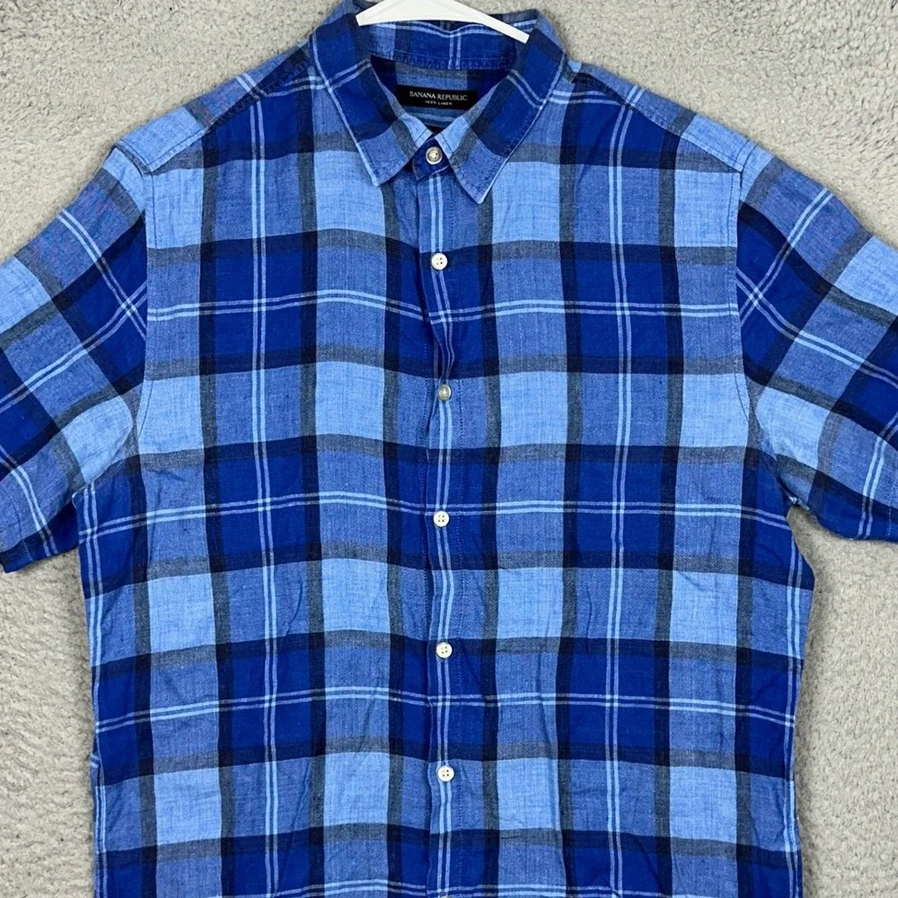 Banana Republic Linen Shirt Mens Medium Camden Fit Blue Plaid Button Up Casual